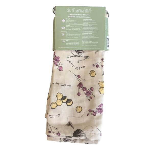 Bass Pro Shops Baby Swaddle Blanket 47"x47" Bee & Flower Print Bamboo/Cotton Ble - Picture 2 of 6